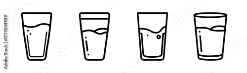 Four simple outline drawings of glasses with liquid level lines depicting various beverage amounts