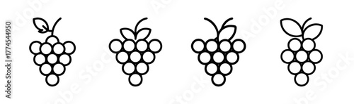 Four stylized hand-drawn grapes bunches with leaves and stems minimalist sketch