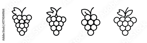 Hand-drawn black and white grape bunches featuring leaves on a plain background graphic