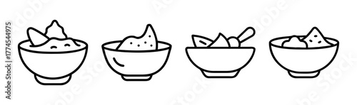 Four simple line art icons of guacamole bowls with tortilla chips and garnishes