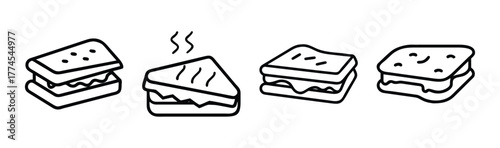Four hand drawn grilled cheese sandwiches showing different angles and detail