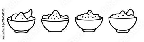 Four hand drawn bowls of guacamole with tortilla chips line art icons
