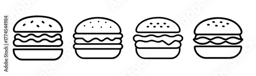 Four stylized outline burgers graphic elements fresh fast food icons