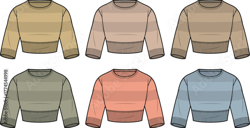 Six cropped sweatshirt illustrations in different earth tones and pastel shades for fashion design