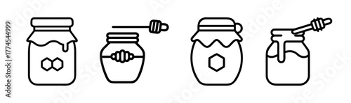 Collection of charming outline honey jars with dippers and bee motifs for sweet designs