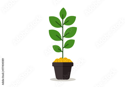 Plant growing in a pot filled with gold coins, symbolizing financial growth and investment.