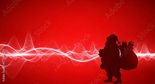 Santa Claus silhouette with a sack of gifts on a red festive background with abstract light waves. Merry Christmas and Happy New Year holiday greeting card. Abstract technology background for festive 