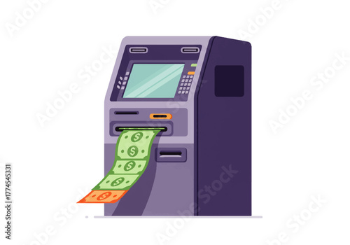 An automated teller machine (ATM) dispenses a stack of green paper currency against a plain white background.