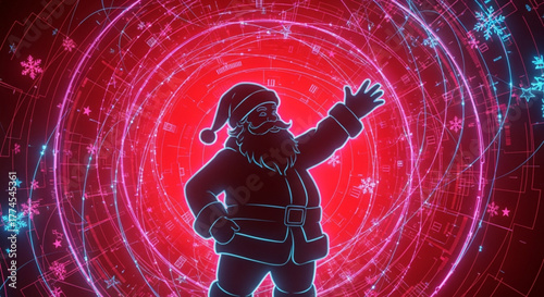 Neon Santa Claus on a red glowing abstract background. Futuristic Christmas illustration with Santa Claus and digital snowflakes. Bright Christmas 3D render neon sign with Santa Claus.