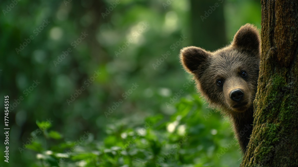 Obraz premium Curious bear cub in forest