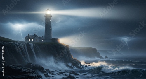 Dramatic lighthouse on a rocky cliff during a stormy night with lightning and crashing waves, guiding ships through the darkness