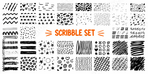 Collection of hand drawn black and white abstract scribble patterns and textures for design