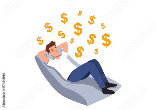 Cartoon man relaxing on a beanbag, dreaming of money, with dollar signs floating above his head.