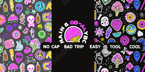 Vibrant collage of psychedelic and quirky stickers with text overlays