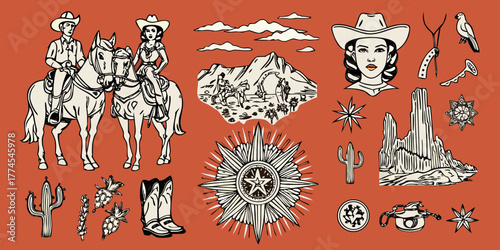 Vintage western cowboy and cowgirl illustration elements on a rustic orange background