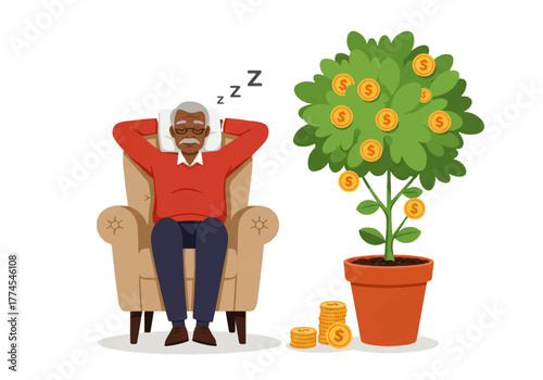 An elderly African American man is sleeping in an armchair next to a money tree.
