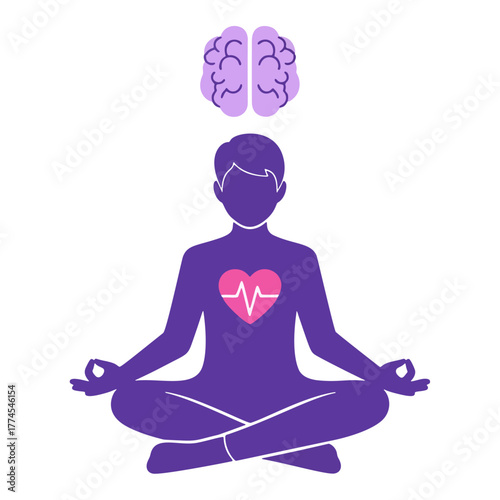 Purple silhouette of a person meditating in lotus pose with a brain above and a heart with a pulse on the chest, symbolizing mental and physical well-being.