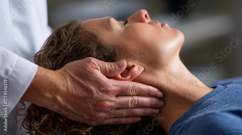 Patient receiving neck adjustment from healthcare professional