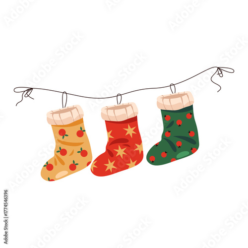 Vector Christmas socks hang on rope. Festive knitted stockings as holiday decoration for gift and candy present. Tradition Xmas and new year ornament for fireplace. Element for merry winter festival.