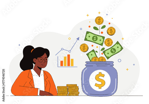 A woman looks at a jar overflowing with money, with stacked coins and a financial growth chart in the background.