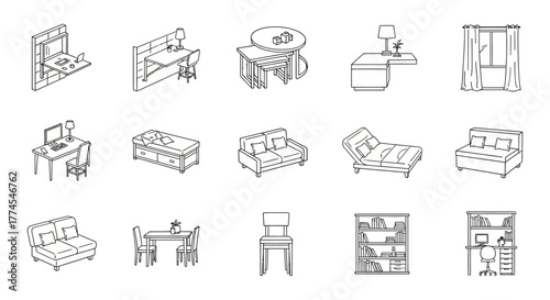 furniture icon set diverse line art of home furnishings for interior design projects illustrating a wide range of furniture styles and arrangements.