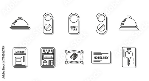 Hotel amenities icons providing service and comfort for guests featuring room service do not disturb sign minibar pillow and hotel key for a relaxing stay
