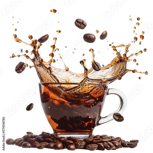 Coffee splashing in a clear cup surrounded by coffee beans on a white background on transparent background