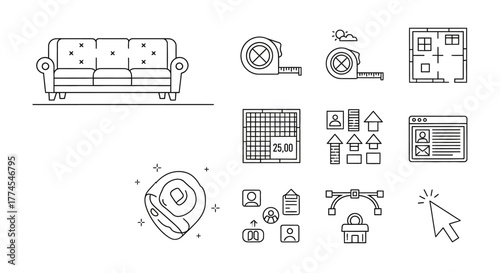 interior design icons sofa floorplan paint swatch and web page illustrating home improvement planning and design software functionality