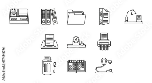 office supplies line art depicting organized workspace essentials ideal for illustrating office management enhancing business presentations or corporate documents.
