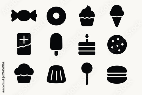 Silhouette icons of sweets and desserts candy, cupcake, ice cream, cake, cookie
