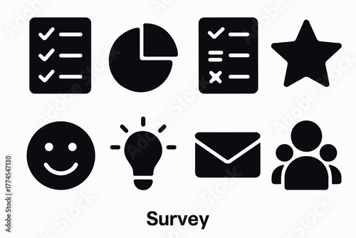 Survey icons set checklist, pie chart, star, smiley, lightbulb, envelope, group