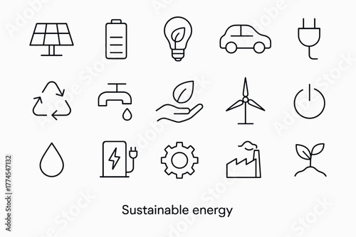 Ecofriendly icons set featuring renewable energy and conservation symbols in linear style