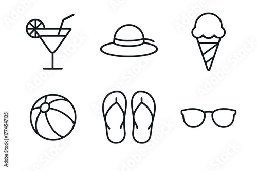 Minimalist summer icons beach, ice cream, and vacation essentials