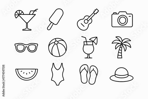 Summertime essentials minimal icons of fun beach and vacation items