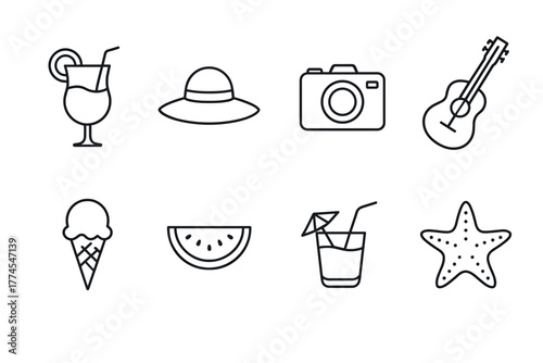 Outline icons of summer essentials beach, drinks, and fun elements