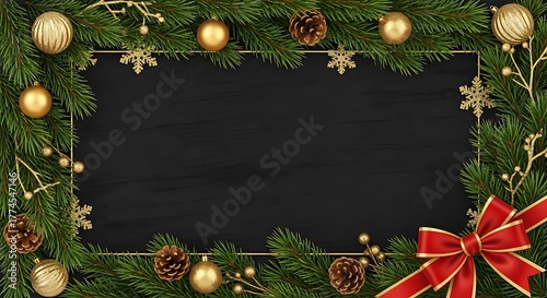 Photo of a festive christmas frame made of evergreen branches, pine cones, golden baubles, and snowflakes, surrounding a blank black chalkboard for text
