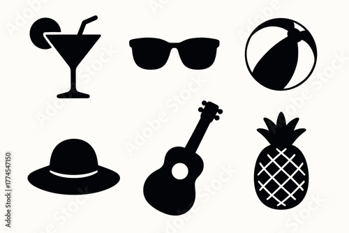 Summer essentials silhouette icons with beach ball, sunglasses, and cocktail