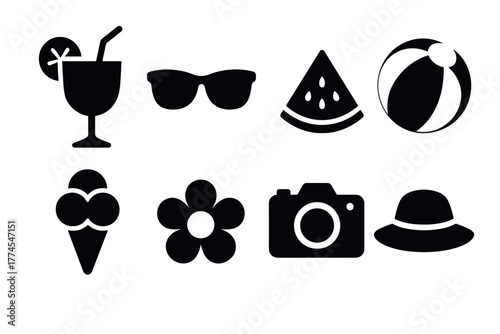 Summer icon set beach fun and refreshments in silhouette style