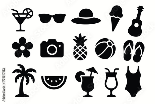 Summer silhouette icons vacation and beach essentials for tropical adventures