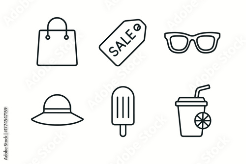 Minimalist summer icons set shopping, sales, and sunshine essentials in black line art