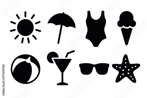 Summer beach icons set sun, umbrella, swimsuit, ice cream, and more