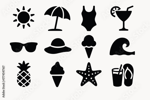Summertime silhouette icons fun beach, sun, and relaxation symbols for seasonal design