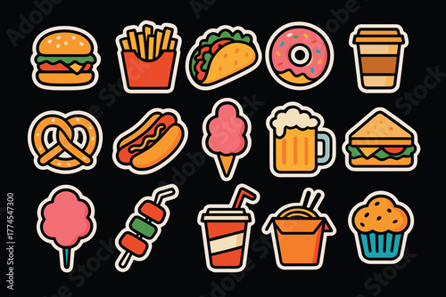 Colorful fast food icon set featuring popular snacks on dark background