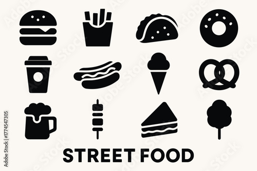 Street food icons burgers, fries, donuts, and more in bold silhouette style