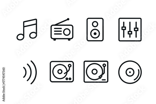 Minimalist music icons set line art design featuring sound and dj equipment