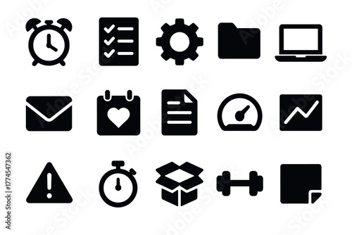 Essential office and productivity icon set in solid style