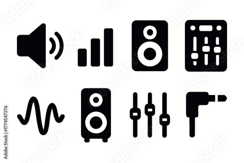 Bold audio equipment icons in black silhouette style for music and sound design