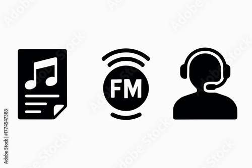 Simple icon set featuring music note, fm radio, and customer support symbols
