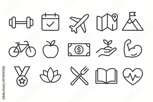 Simple linear icons of fitness, travel, and wellness for modern designs