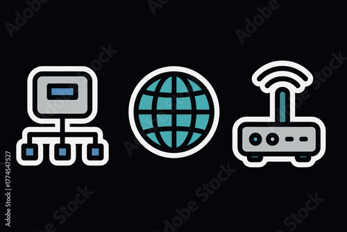 Technology icons featuring network router and globe in flat style